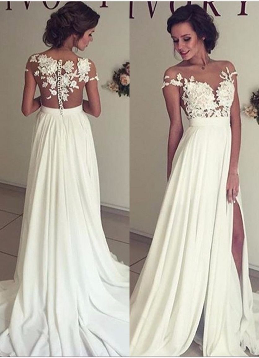 Designer Beach Wedding Dresses White With Lace Cap Sleeve Sheath Wedding Gowns Split Floor Length Formal Women Bridal Gowns Wedding Designer Dresses