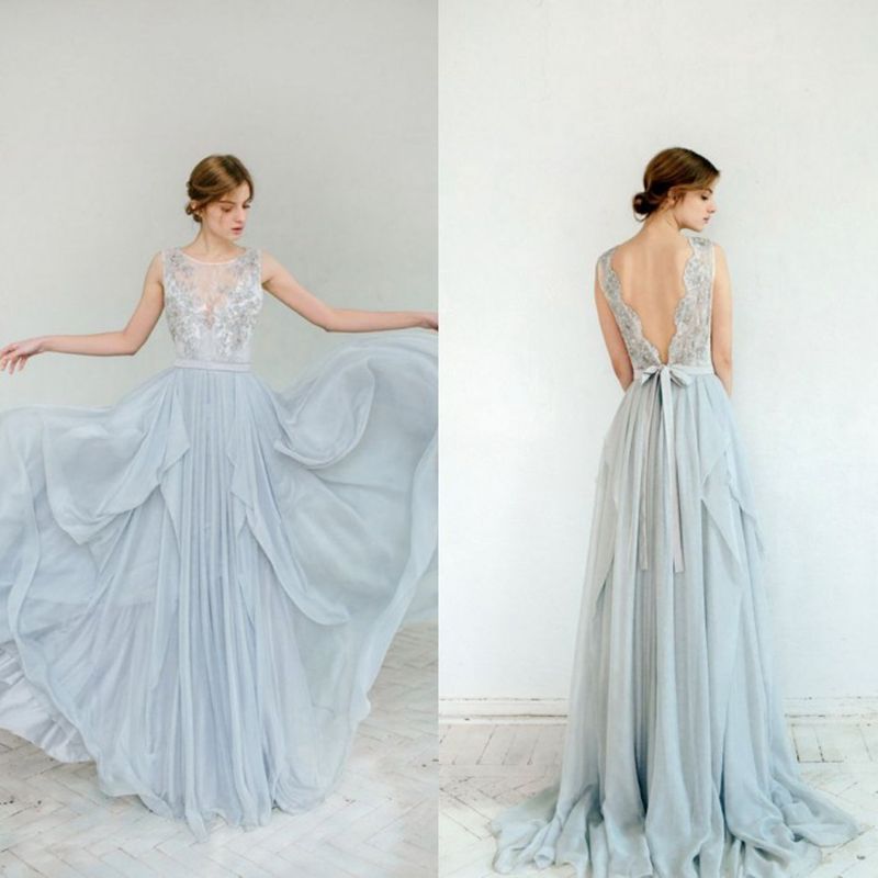Discount Elegant Silver Grey Lace Wedding Dresses 2016 Sheer Scoop Neck