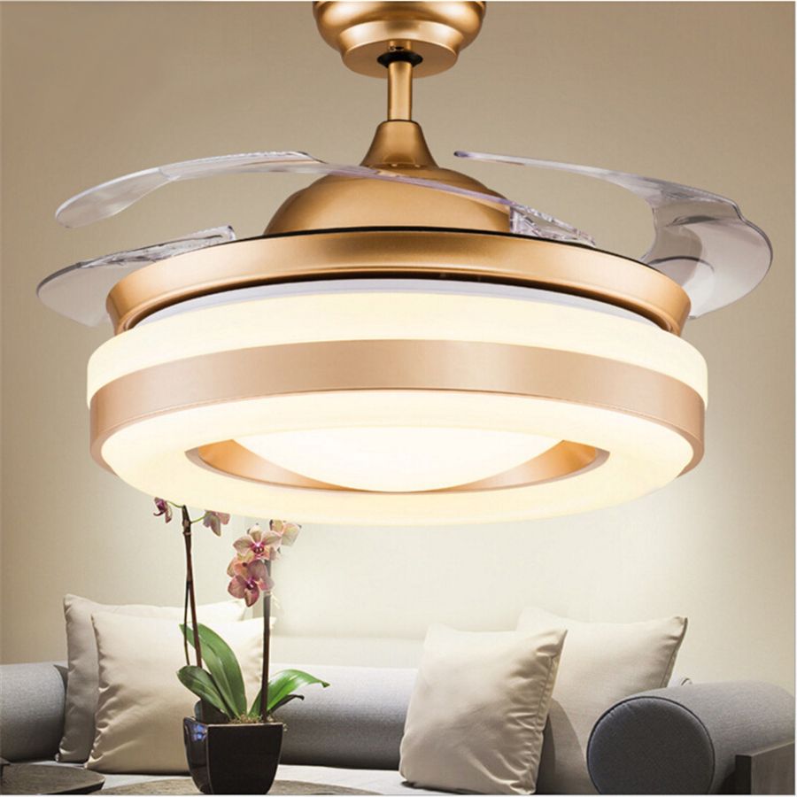 Modern Simple Invisible Fan Lamp Wireless Control Crystal Ceiling Fans Light Retractable 4 Blades Pendant Lamp 42 Inch Fans Chandelier