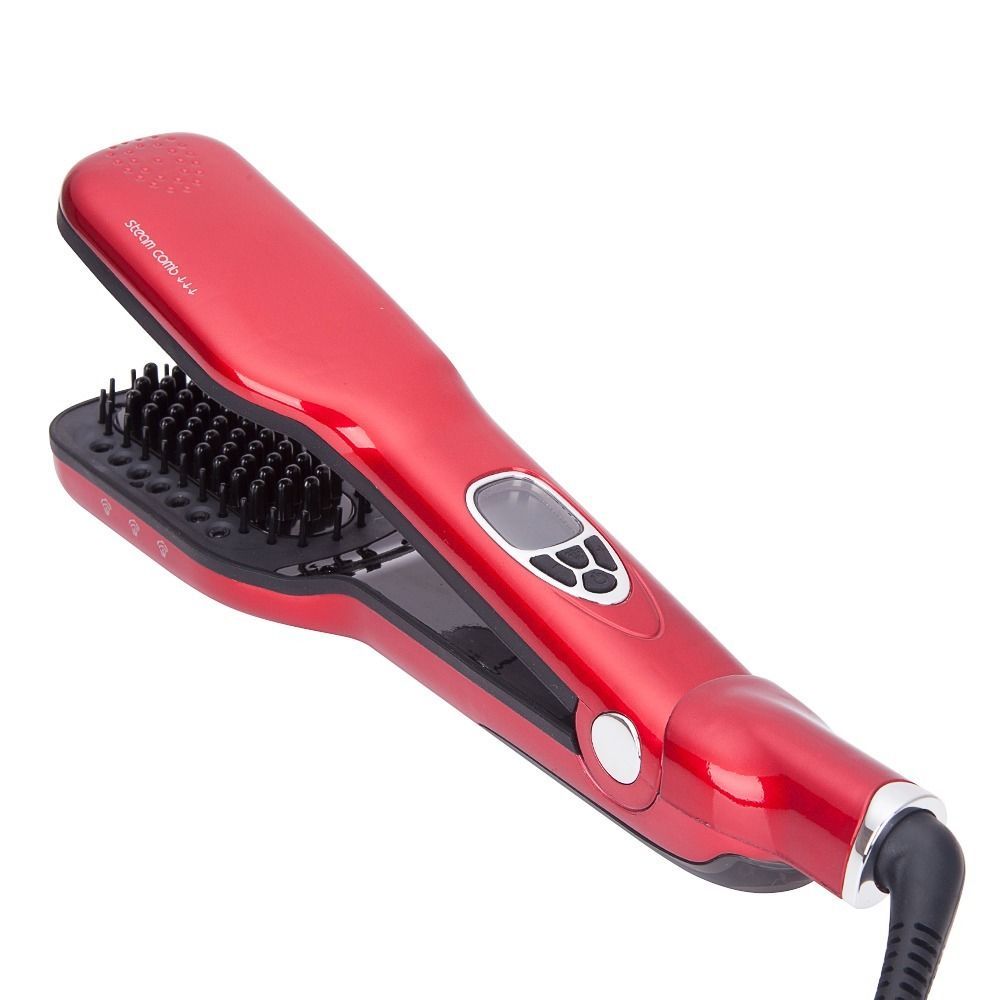 Lcd Display Steam Hair Straightener Brush Salon Ceramic Steam Comb