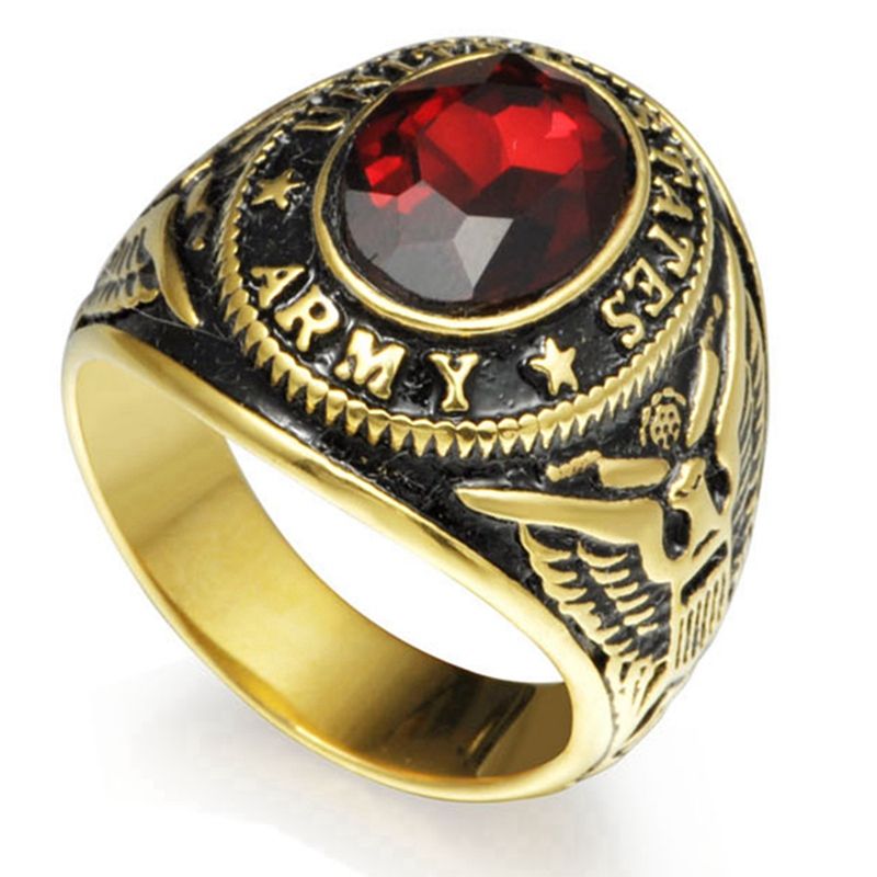 Retro Vintage Gold Plated Size 7 15 Stainless Steel Army Military Ring Red Ruby Crystal Gemstone Retro Vintage Gold Plated Size 7 15 Stainless Steel Army Military Ring Red Ruby Crystal Gemstone