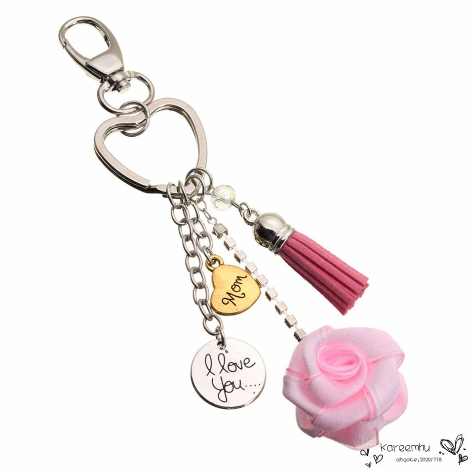 Keyring pink keychain mom heart rose wholesale alloy mothers present gift 2016 New Pink Rose Heart Keychain Mom Keyring I Love You Mom Keyring