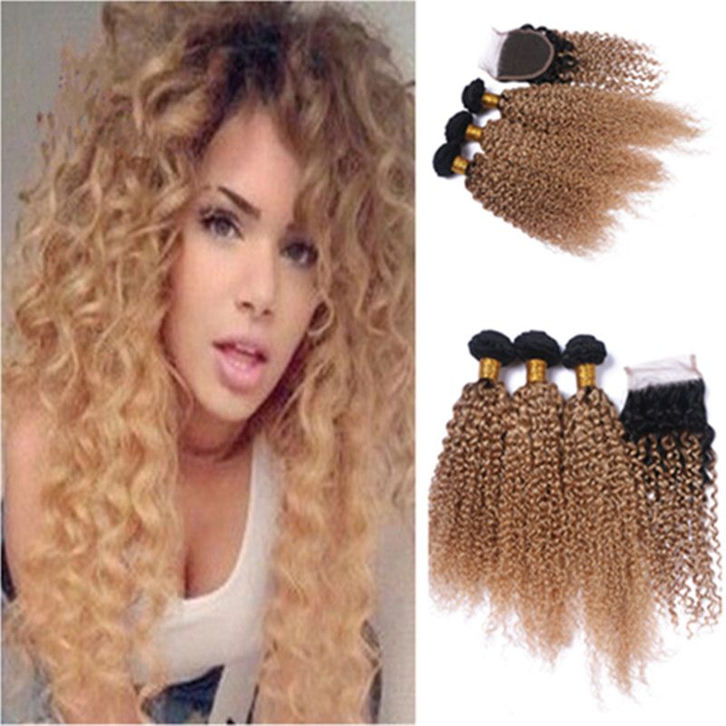 New Arrival Ombre Color Kinky Curly Hair Bundles With Lace Closure