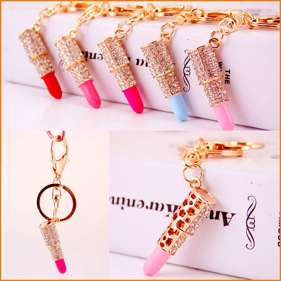 Lipstick Makeup Keyring Rhinestone Purse Bag Charm Pendant Keychain