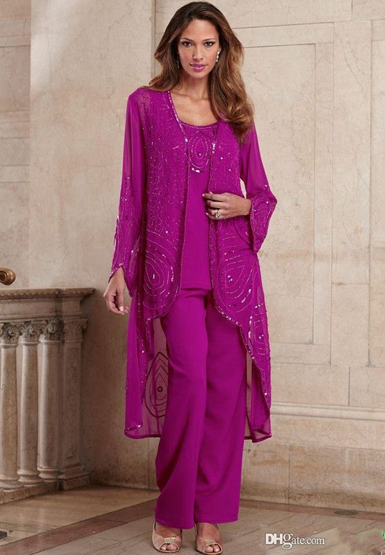 Plus Size Mother Of Bride Pant Suits Three Pieces Chiffon Mother Formal