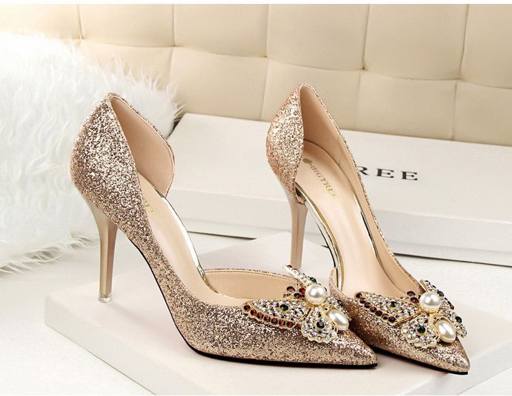 Silver/Gold Wedding Shoes Crystal Butterfly Bridal Shoes Sequins Pump Bridesmaid Shoes Popular 