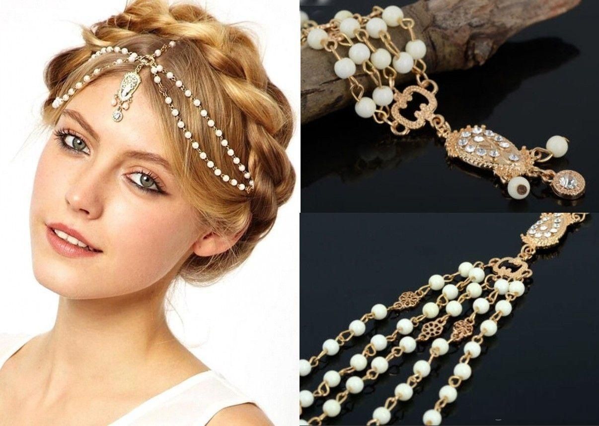 2017 bohemian wedding bridal hair accessories chains for women boho metal  beaded pearl head chain indian hair jewelry women bridal crown