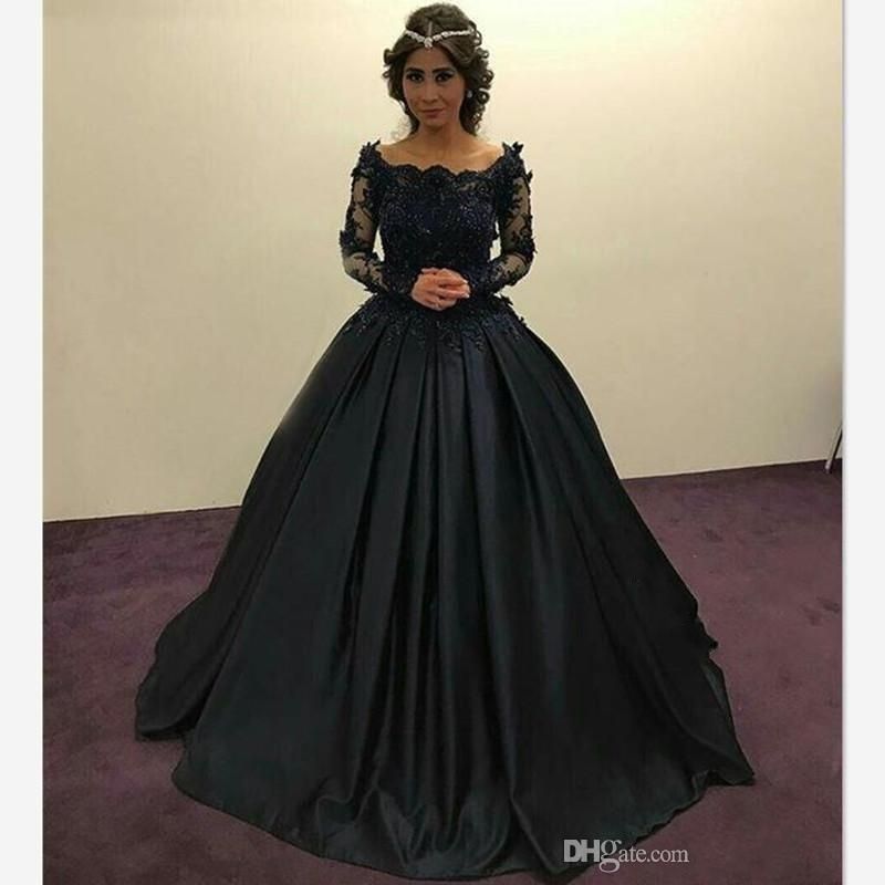 2018 Graceful Black Princess Evening Dresses Long Sleeves Sheer Lace ...