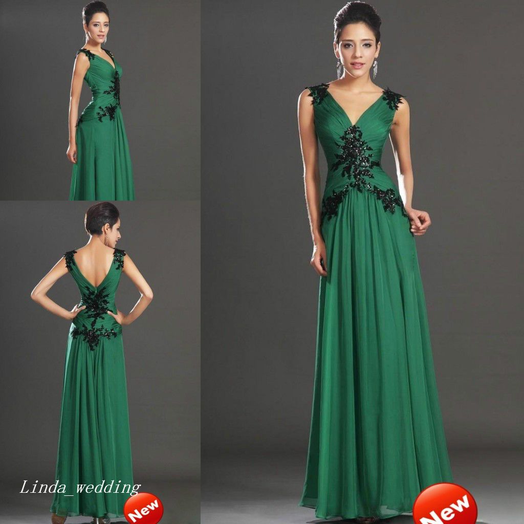 Emerald Green Evening Dress A Line V Neck Backless Chiffon Long Special