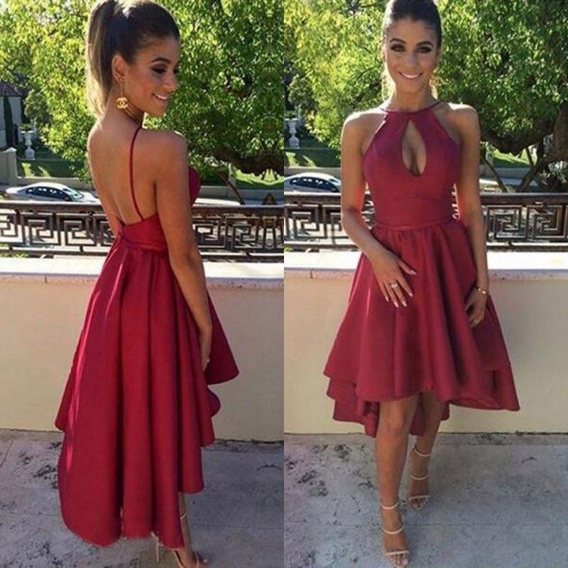 Sexy Wedding Guest Dress High Low Halter Sleeveless Backless Bridesmaid