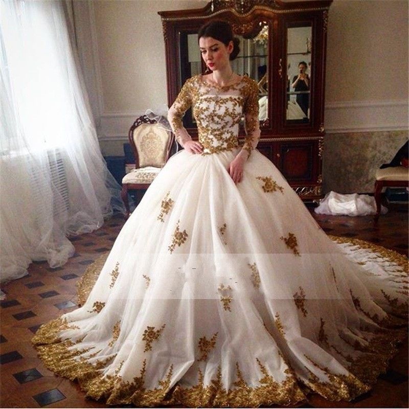 Gorgeous Gold Lace Appliques Arabic Wedding Dresses 2016 