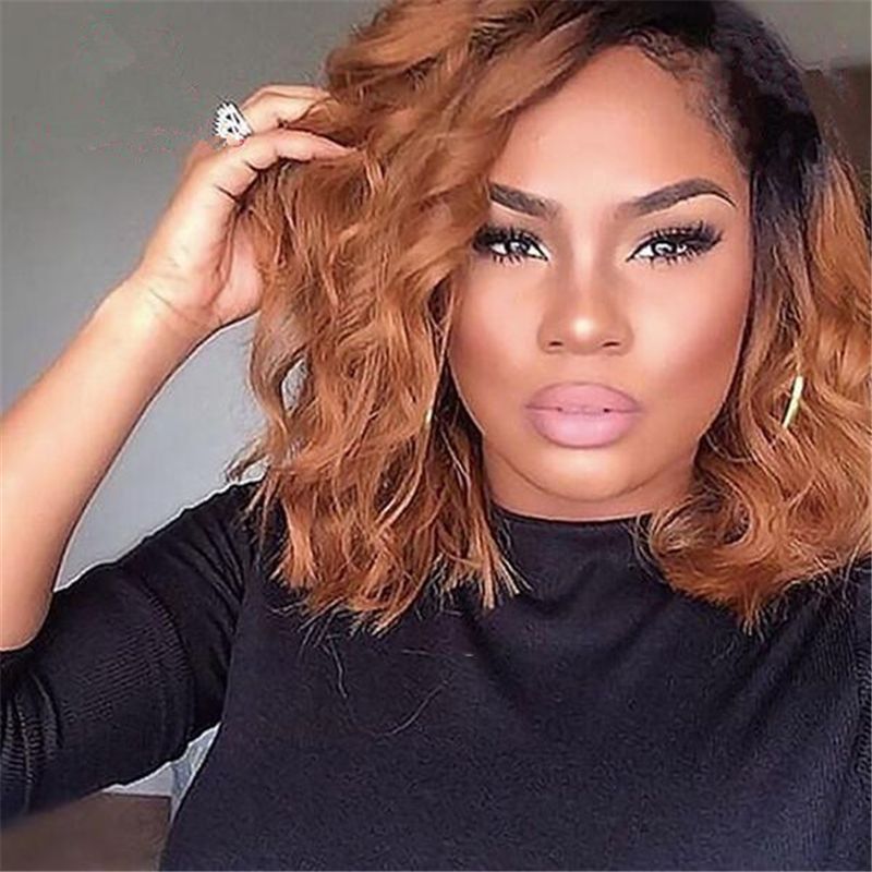 150180 density side part brown wavy bob lace wigs