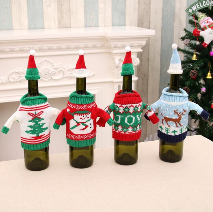 Christmas Cover Beer Wine Bottle Decor Knitted Party Table Bag Santa Sweater DD
