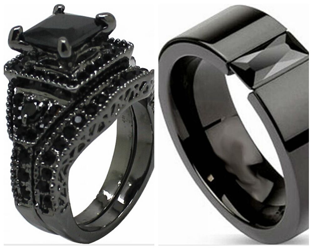 2019 Sz 5 15 Black  Wedding  Engagement  Ring  Band  Set 