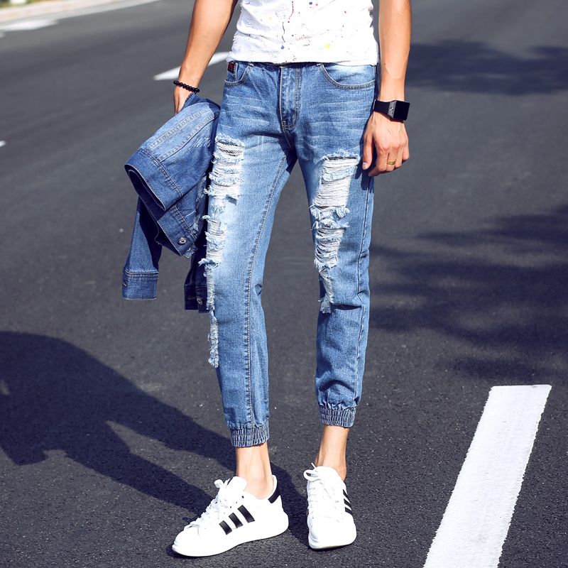 light blue jean joggers mens
