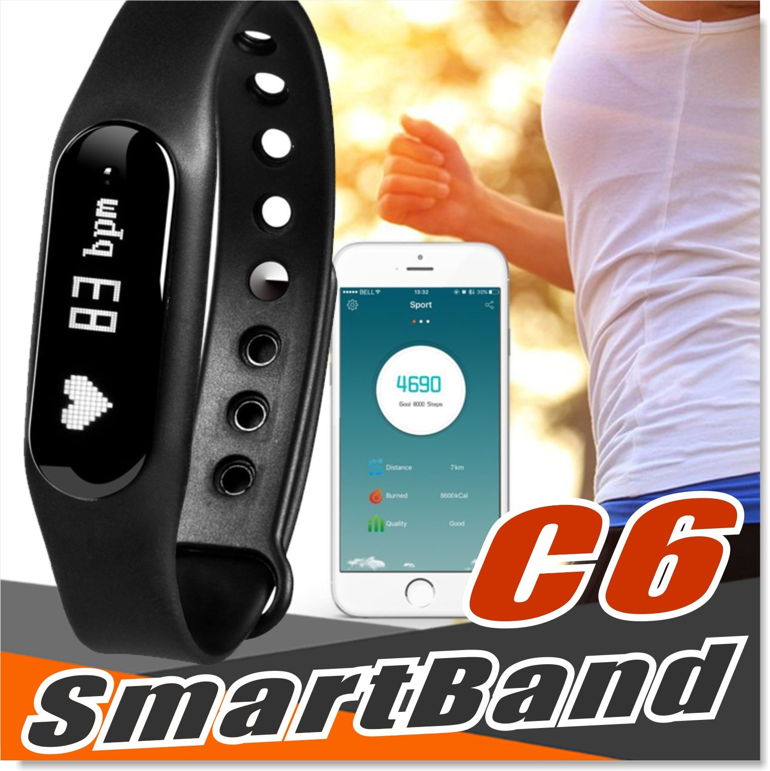 Fitness Tracker C6 Smart Wristband Bluetooth 4.0 Heart Rate Monitor