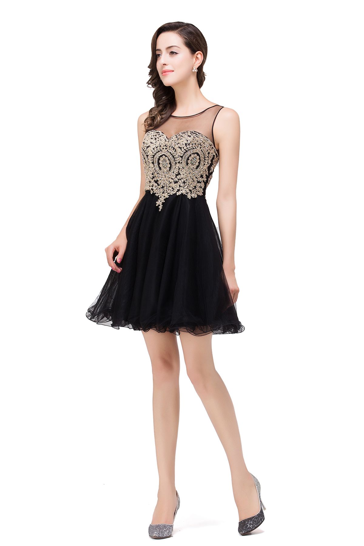 Little Black Short Homecoming Dresses Sheer Neck Gold Lace