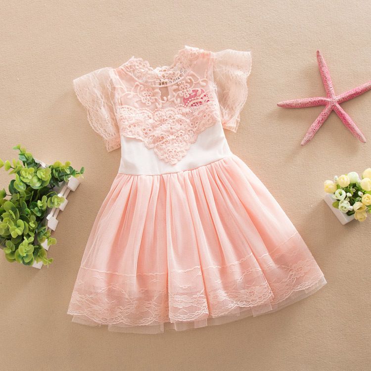 2019 2016 Latest Design Baby Girls Dresses Children Summer Clothes Short Sleeve Lace Flower Mesh
