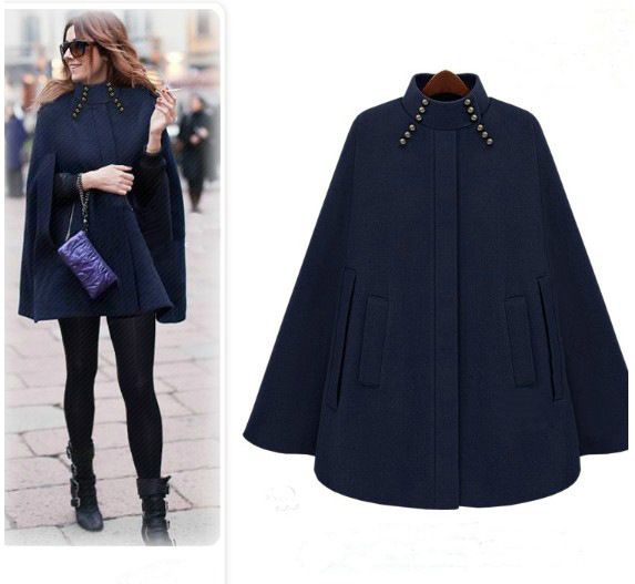 Dark Blue Cape Coatwinter Cashmere Swing Jacket Poncho Style Mid Long Women S Coat Outerwear Cloak Coat Loose Cape Women S Windbreaker