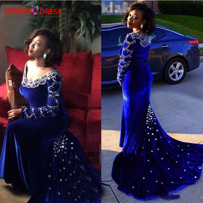 Royal Blue Sexy African Mermaid Evening Dresses 2016 Sparkly Beading