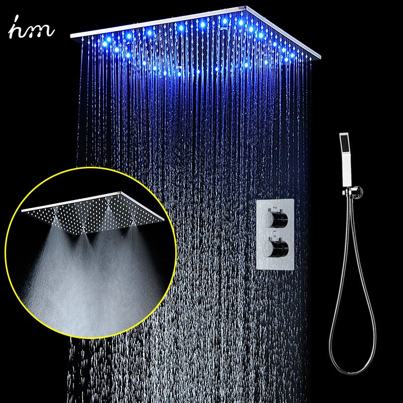 Hm Large Shower System 20 Inch Led Mist Rain Showerhead Ceiling Square Panel Thermostatic Mixer Handheld