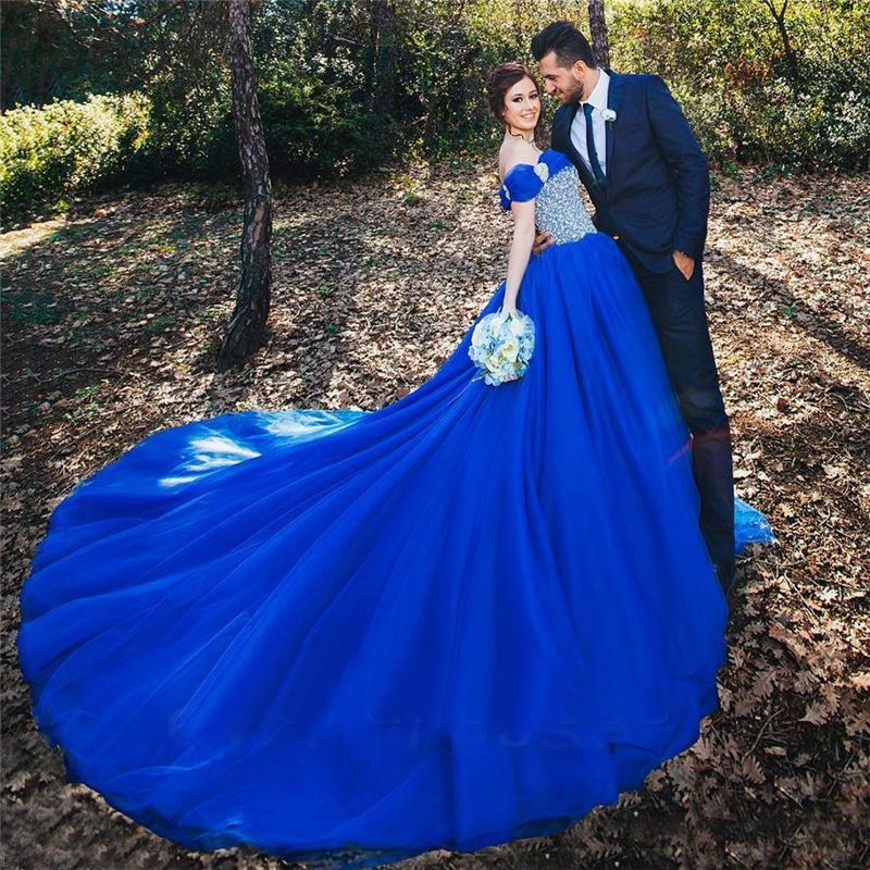 2017 Stunning Royal Blue Wedding Dress Crystals Beaded Sequined Off