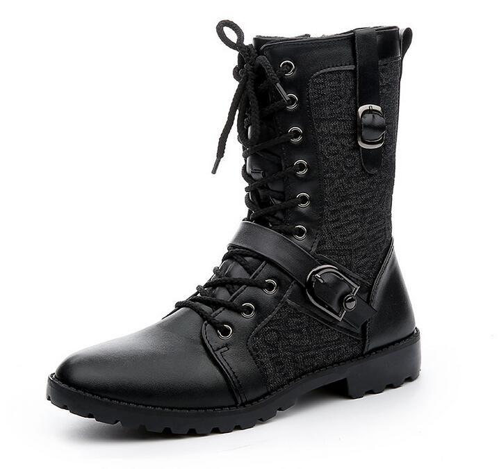 Fashion Men'S Winter Mid Calf Boots,Black Punk Leather Side Zipper Lace ...