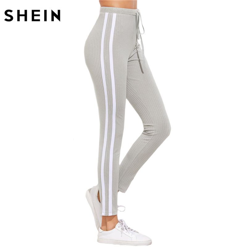 Grosshandel Shein High Waist Pants Hose Damen Drawstring Waist Skinny Pants Graue Gerippte Gestreifte Sideseam Sweatpants Von My01 28 29 Auf De Dhgate Com Dhgate