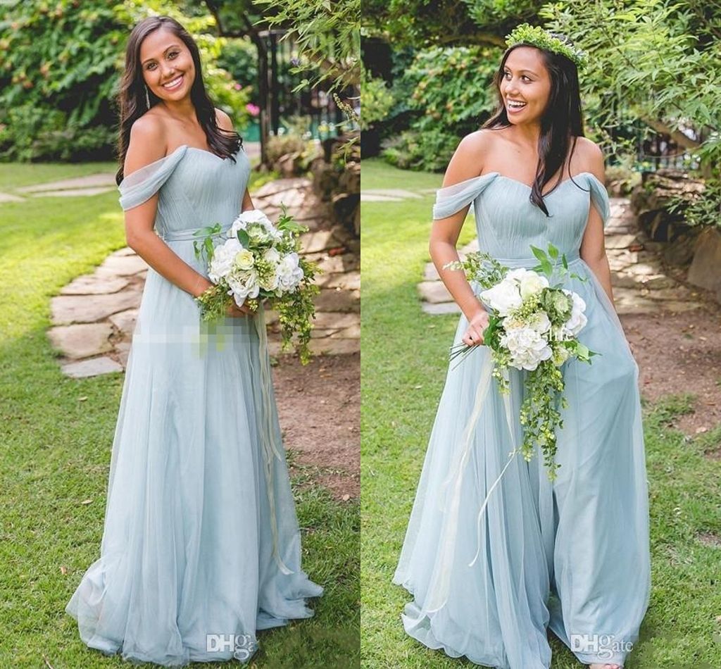 light blue off the shoulder bridesmaid dress