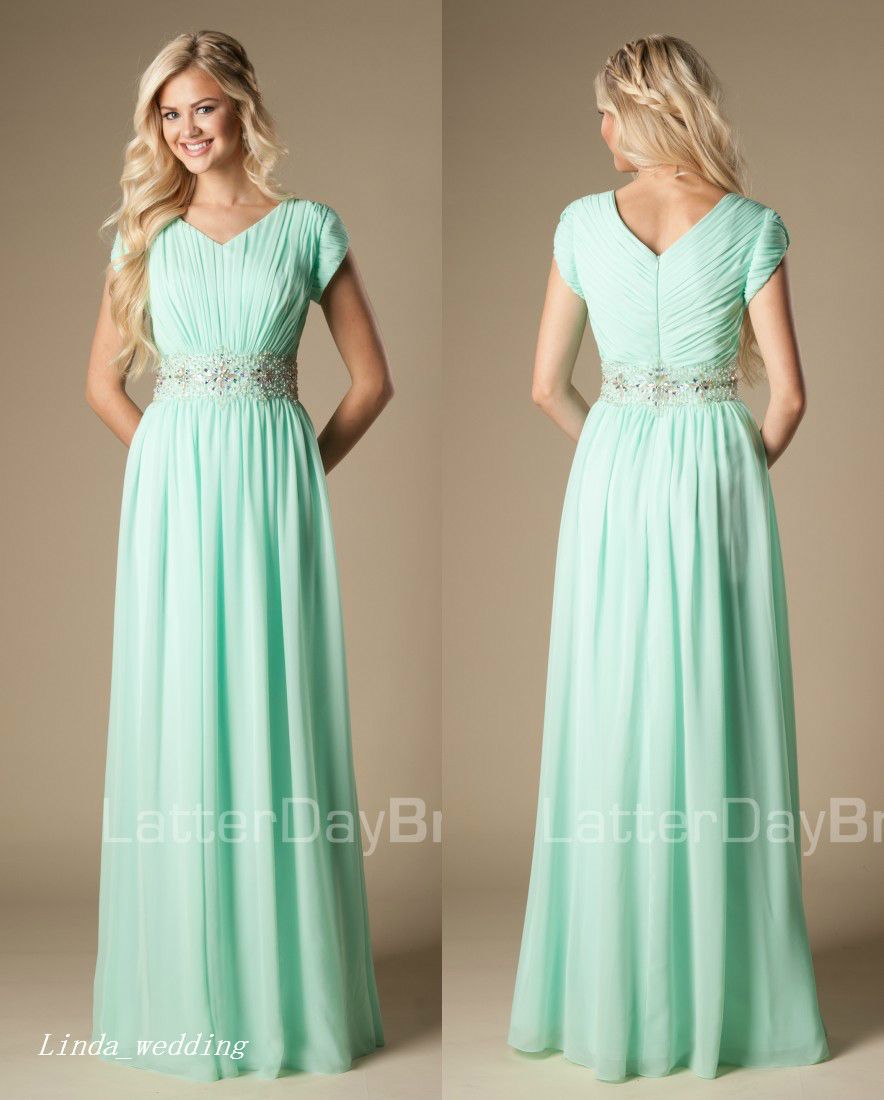 2019 Mint  Green  Bridesmaid  Dress  Modest Chiffon Beaded 