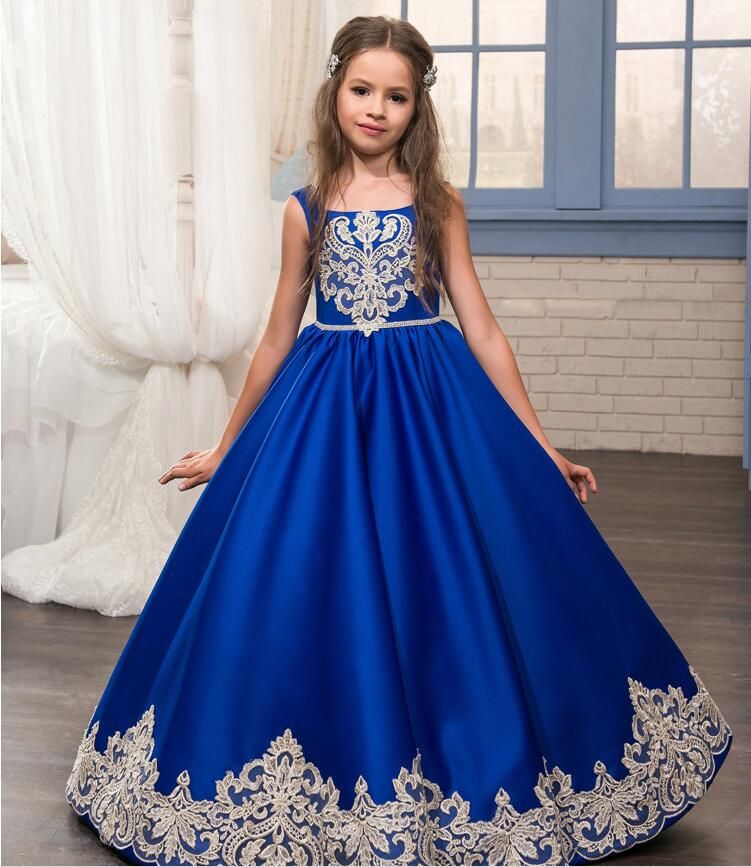 Silk Satin Royal Blue Flower Girls Dresses with Pocket Scalloped Neck