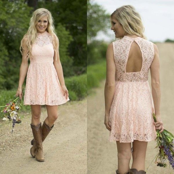 Country Bridesmaid Dresses 2016 Blush Pink Short Lace Bridesmaids Gown ...