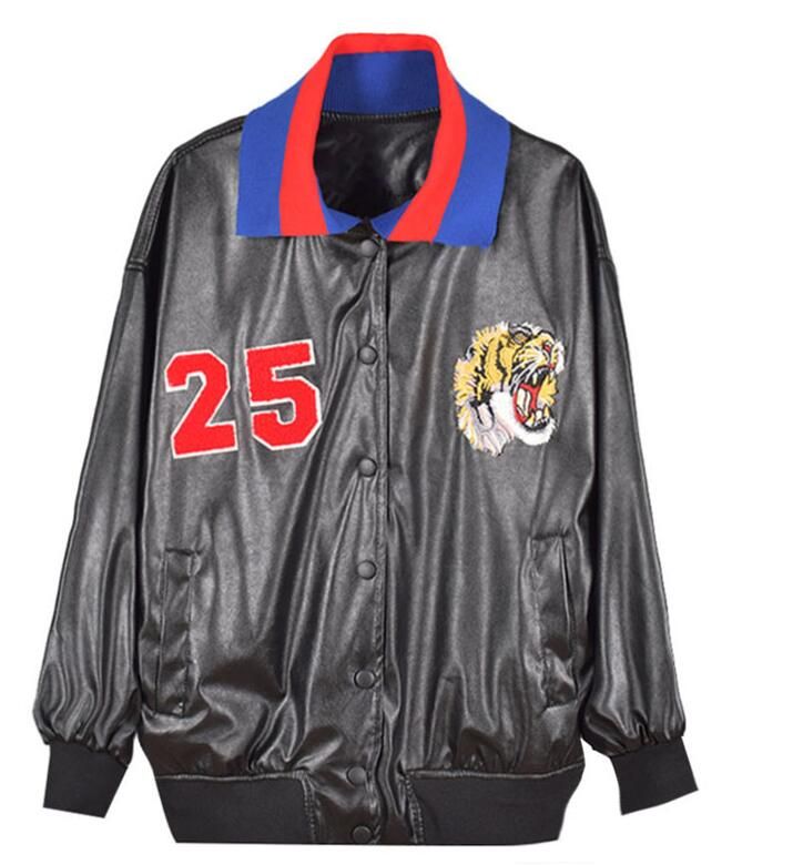 Fashioneer Jackets Loose Women Pu Leather Harajuku Rock Embroidered Fashioneer Jackets Loose Women Pu Leather Harajuku Rock Embroidered Tiger Baseball Black Er Jacket For Woman Lady Denim With Fur Vintage