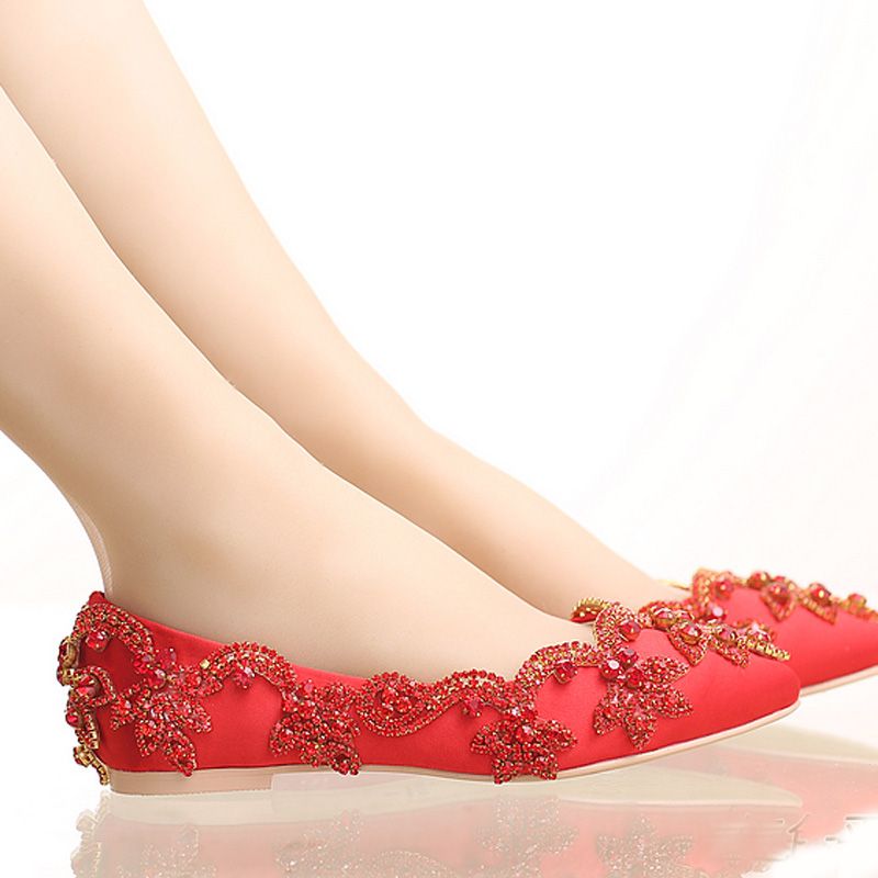 Red Satin Bridal Wedding Dress Shoes Flat Heel Pointed Toe Formal Dress ...