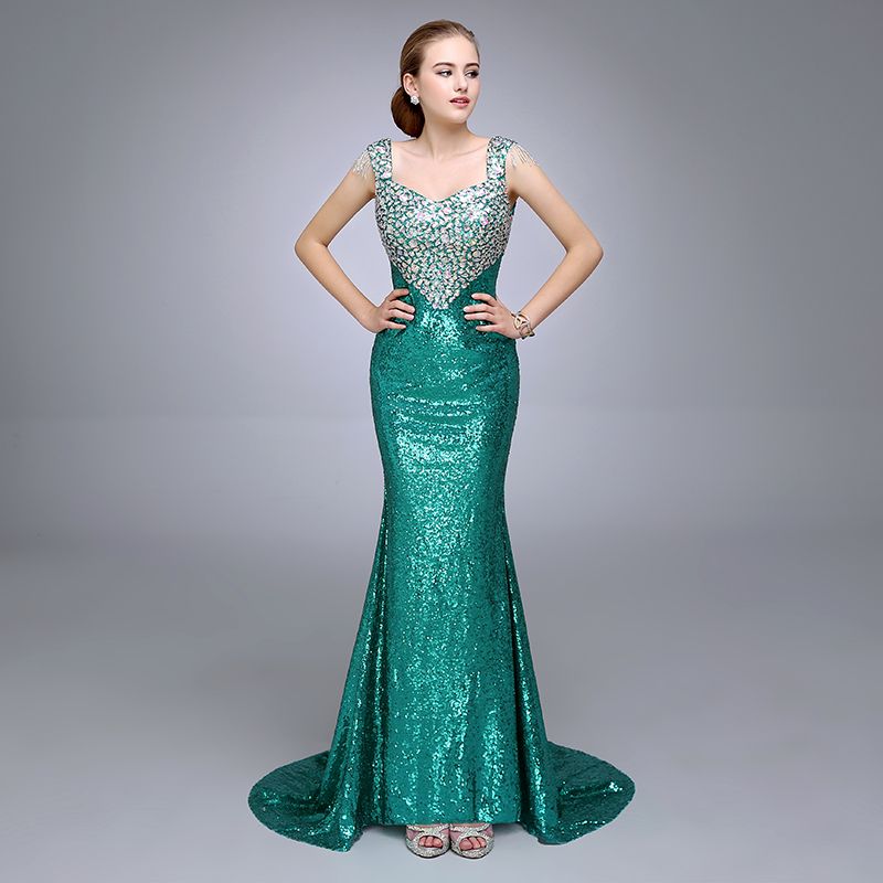 Dazzling V Neckline Sleeveless With Straps Crystal Beaded Mermaid Green ...