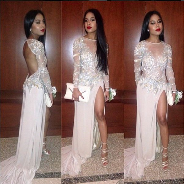 long sleeve split leg prom dress