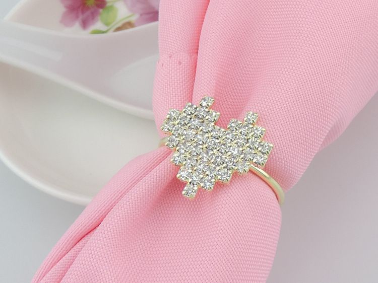 Factory Price New Rhinestones Love Heart Gold Napkin Rings For Wedding