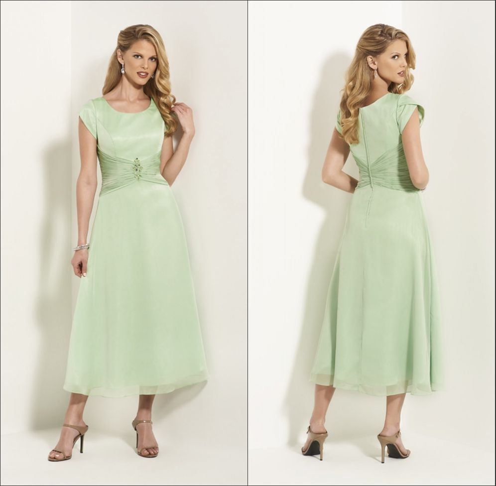 Green Tea Length Mother'S Dress For Wedding Satin With Chiffon Corset
