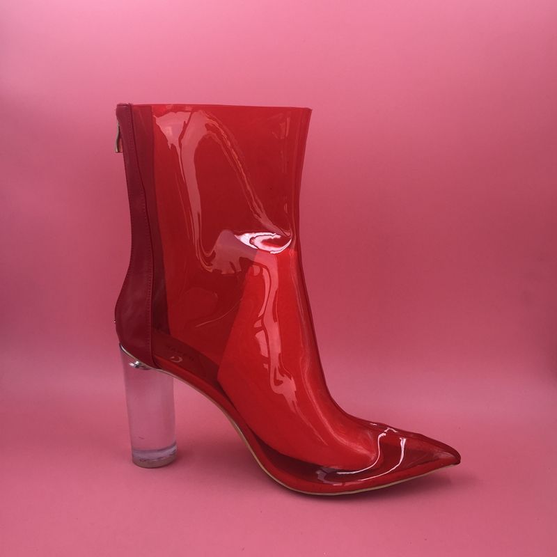 Kırmızı PVC Jelly Boots womem Plastik Sivri Burun Güz Çizme Özel Blok Topuklar 4 İnç Pist Boot Kadınlar Bilek Boots Moda 2016