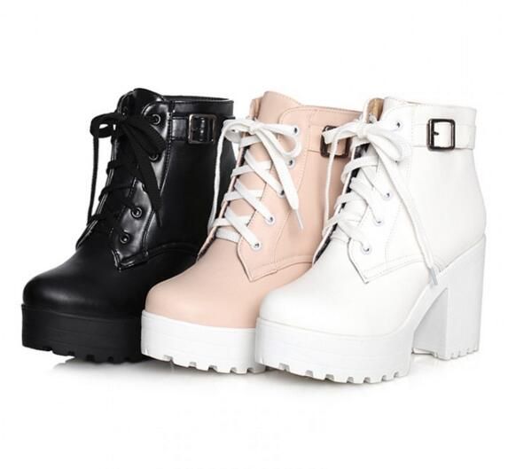 Womens Punk Chunky Heel Platform Lace Up Buckle Strap Ankle Boot Shoes ...