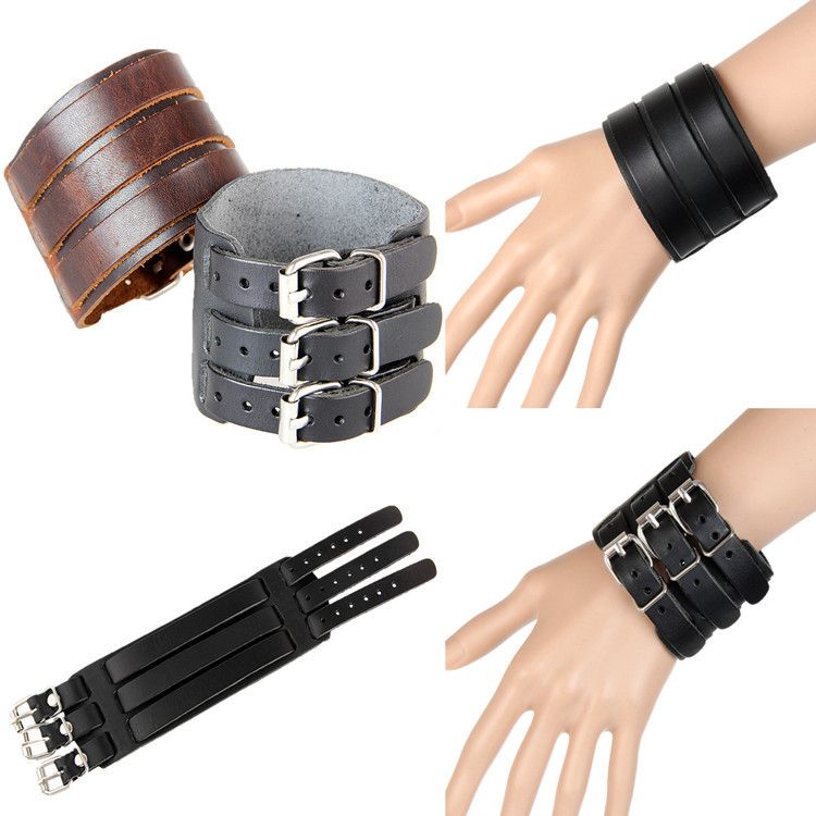 Hot Punk Mens Bracelets Thick Three Layers Band Through Buckle Wide Hot Punk Mens Bracelets Thick Three Layers Band Through Buckle Wide Vintage Genuine Leather Bracelet Wristband Cuff 14k Charm Silver Jewelry From