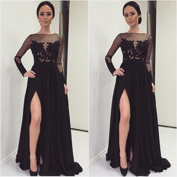 Semi Formal Black Dresses Lace Applique Long Sleeves Splits Side ...