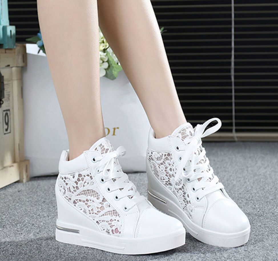 Women Breathable Lace Up Mesh Trainers Platform Wedge Heel Cut Out