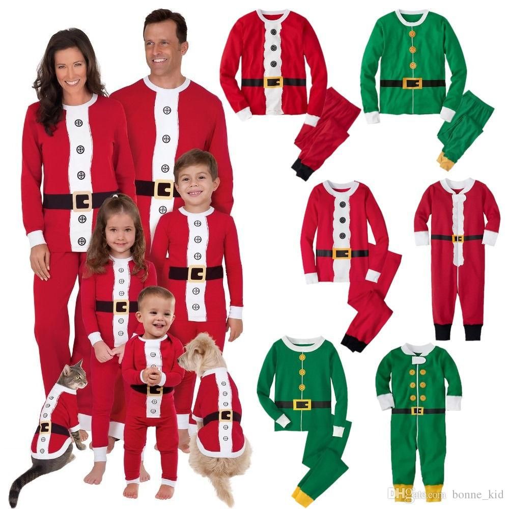 Adult Women Kid Chirdren Santa Christmas Pajamas Set Costume NightWear Sleepwear Family Party Dress Red Green 2 Styles Long Sleeve Outfits Christmas Outfit