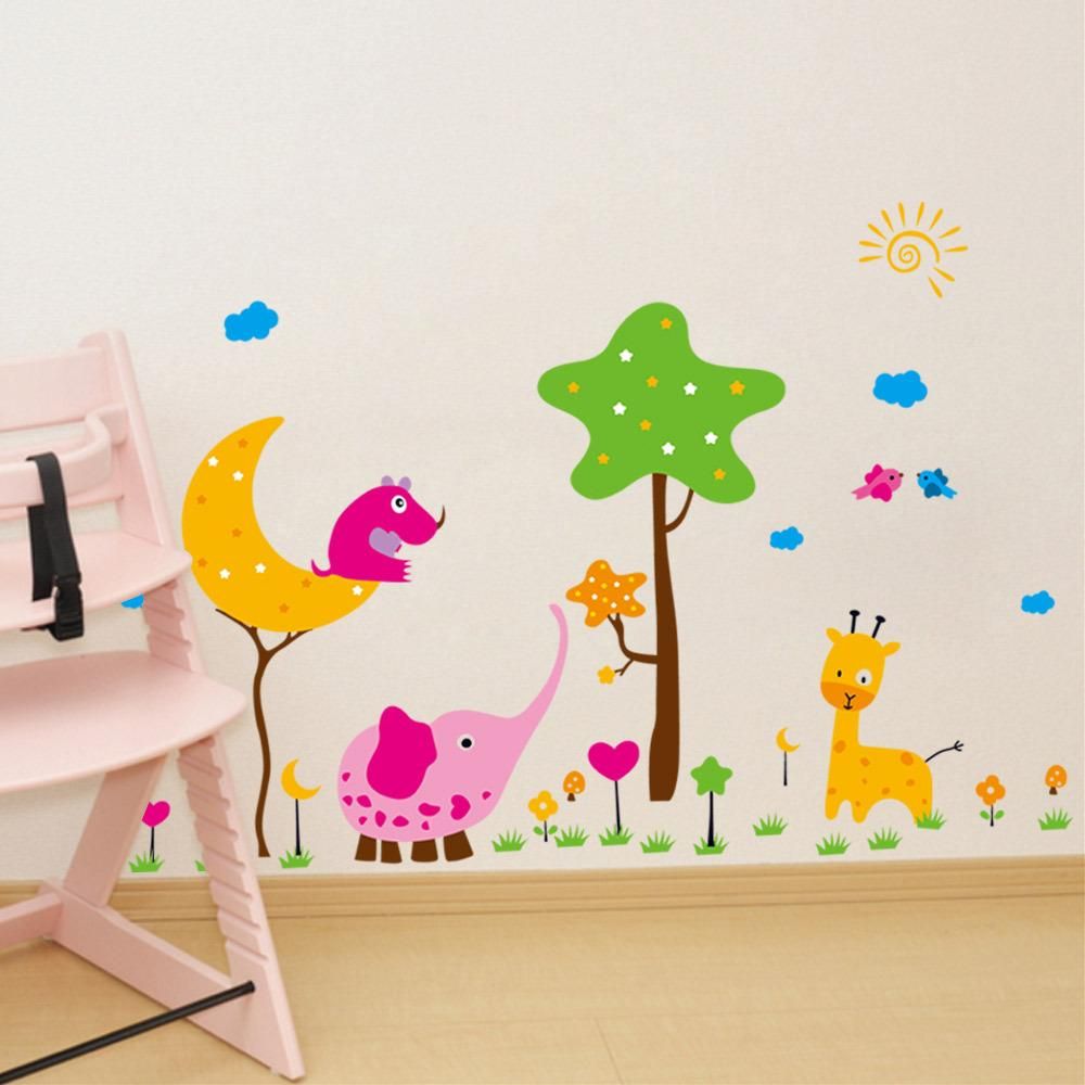 wallpaper diy kids child room decor decal cartoon lovely animal kangaroo birds elephant star moon tree zoo removable wall stickers wall art tree stickers