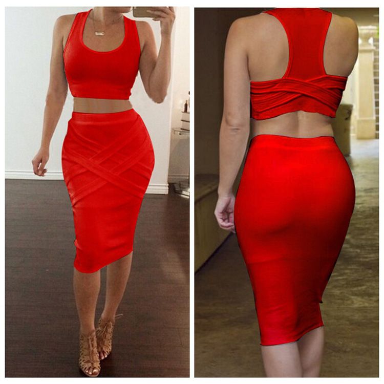 Womens Dress Two Piece Sleeveless Dresses Bodycon Crop Top Set Clubwear Party Dress For Women 