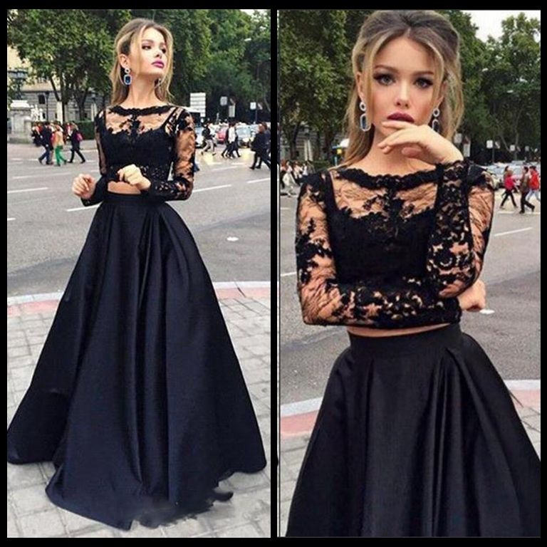 black formal dress with lace sleeves