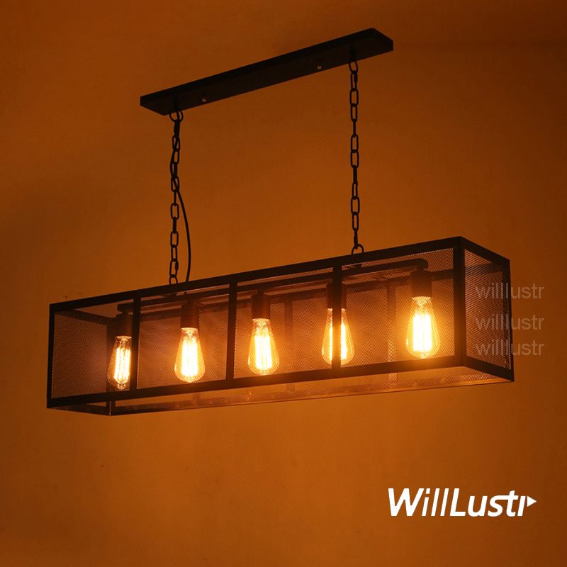 Cuboid Iron Pendant Lamp Rectangular Hanging Lighting Long Metal Cuboid Iron Pendant Lamp Rectangular Hanging Lighting Long Metal Frame Mesh Suspension Light Loft Restaurant Hotel Cafe Bar Vintage Industry