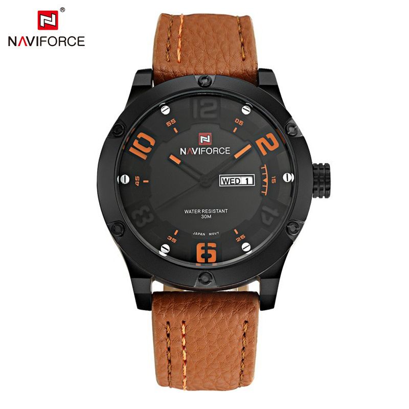 NAVIFORCE Brand Leather Strap Analog Men'S Quartz Hour Date Clock