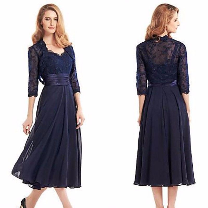 Navy Blue Tea Length Mother Of The Bride Dresses With Jacket 2016 Three ...